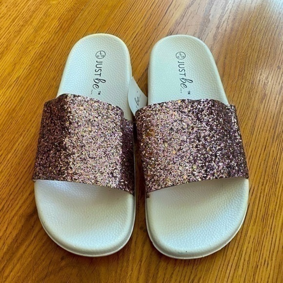 just be Shoes - Rose Gold Blush Glitter Slides NWT Size L 9/10
